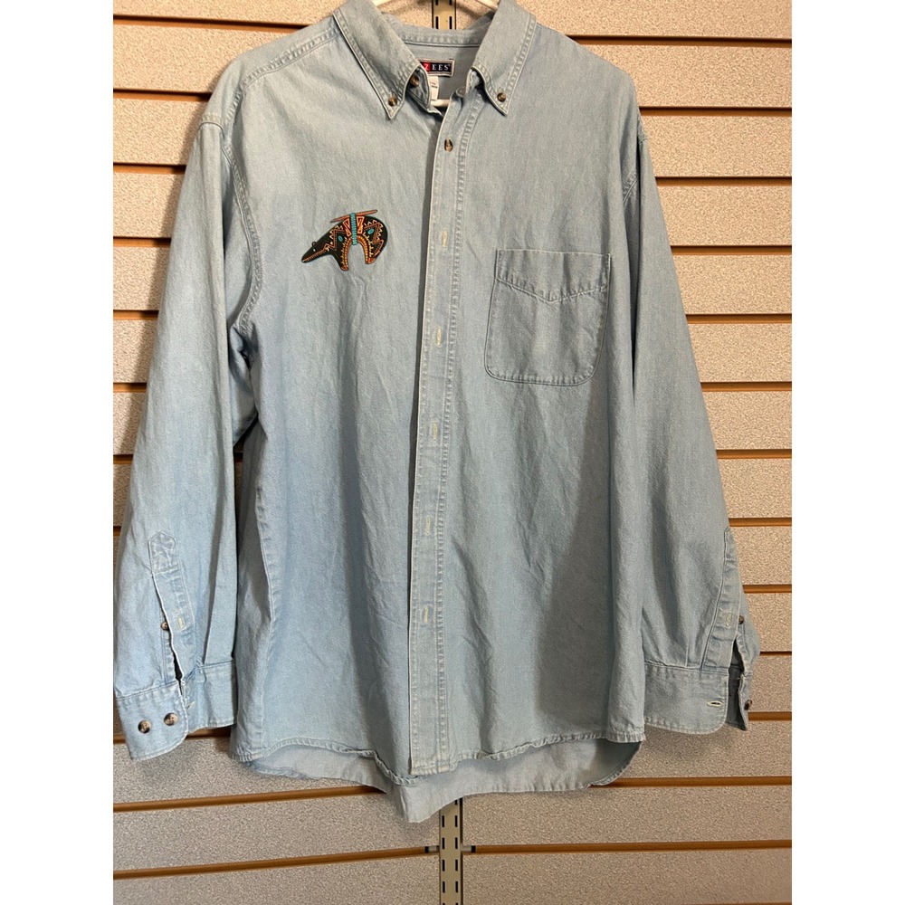 VTG Jerzees Mens XL Denim Button Down Shirt Light Wash Southwestern Zuni Bear